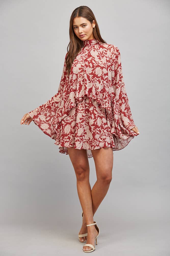 FLORAL PRINT WITH TIE BACK DETAIL RUFFLED PANEL FLOWY DRESS