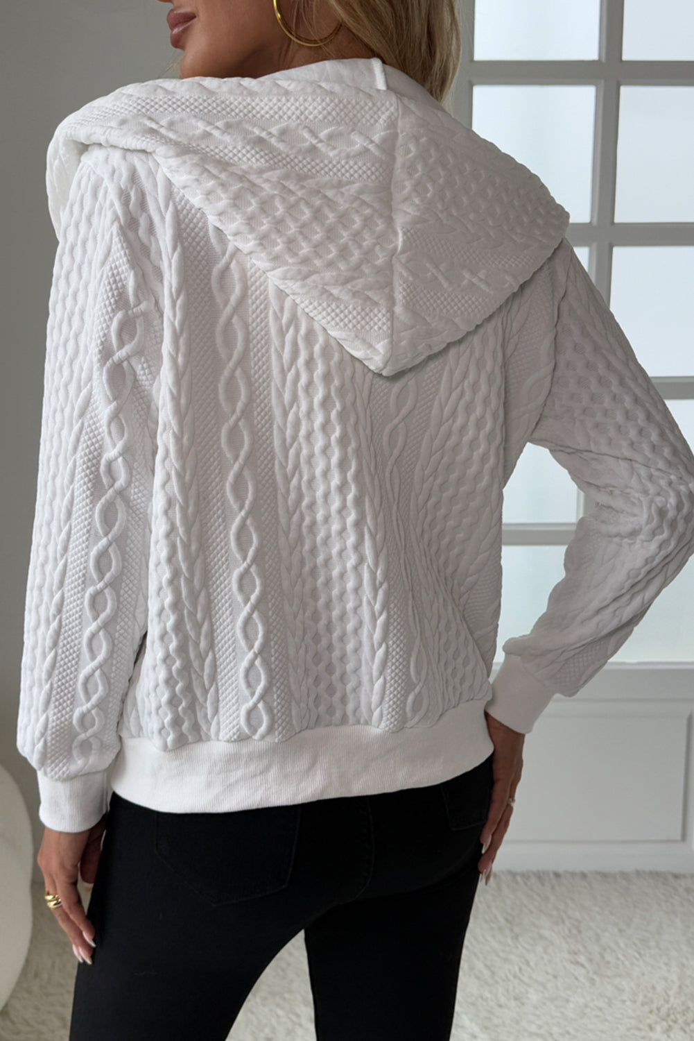 White Jacquard Zipper Hoodie