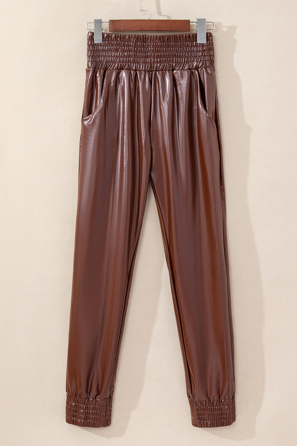 Smocked High Waist Leather Skinny Pants