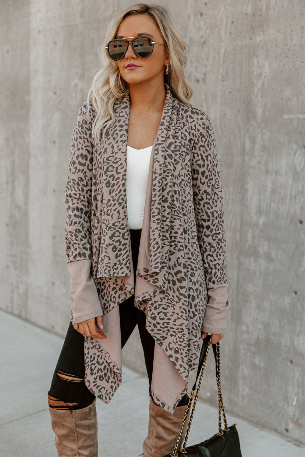 Long Cardigan Cheetah Print Cowl Neck Open Front