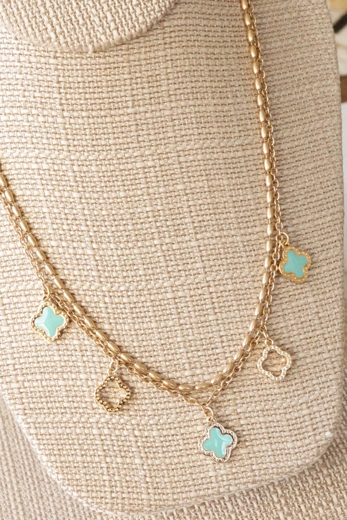 Layered gold tone short Clover necklace pendant Pink White Turquoise Black