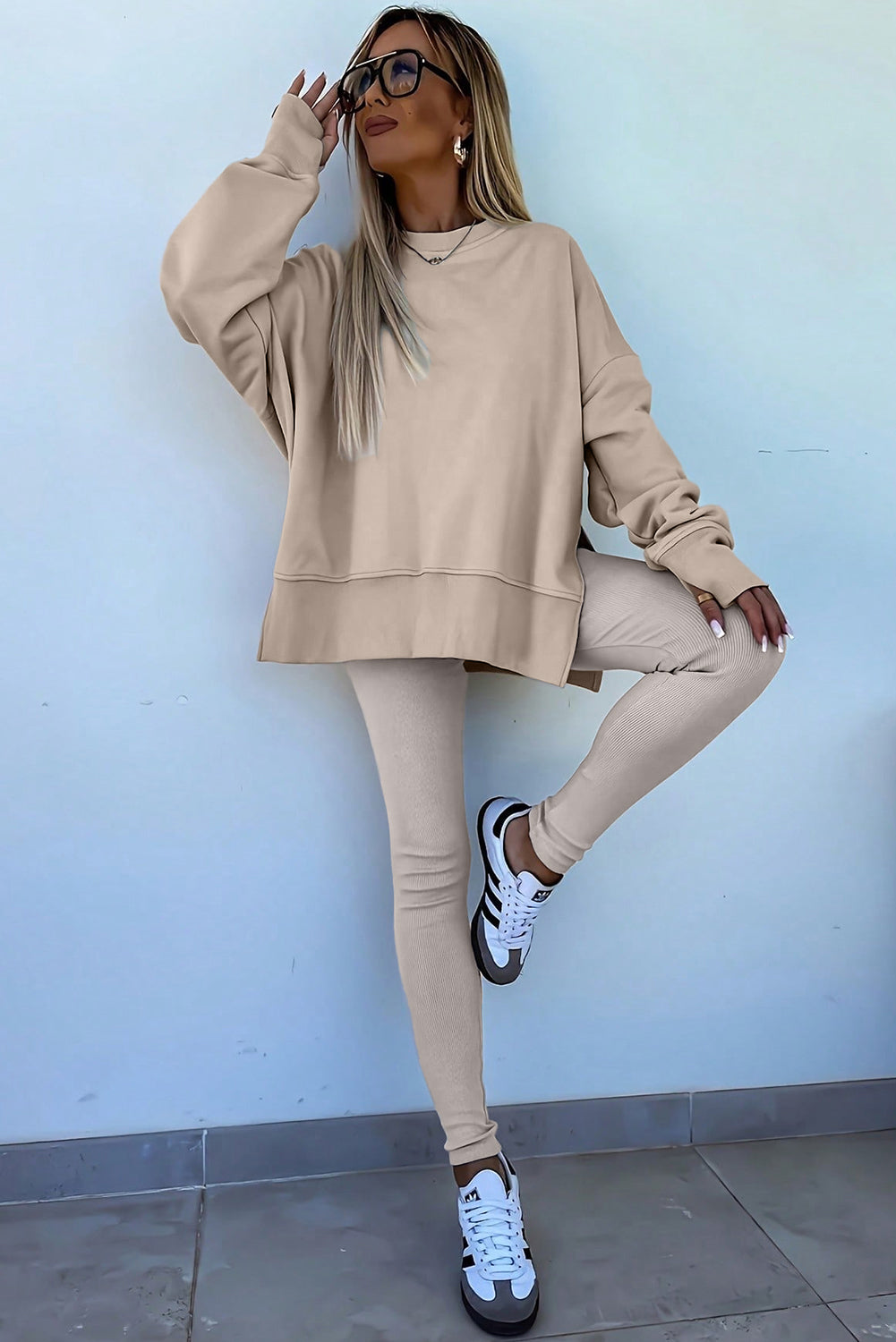 Orchid Mist Solid Color Oversized Slit Sweatshirt Ribbed Leggings Set