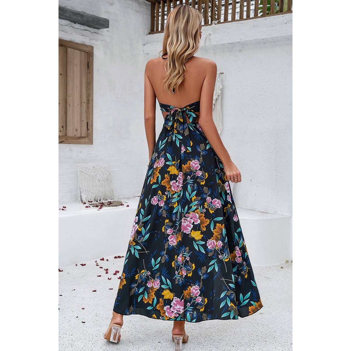 Floral Boho Tie Sleeveless High Waist Maxi Split Dress