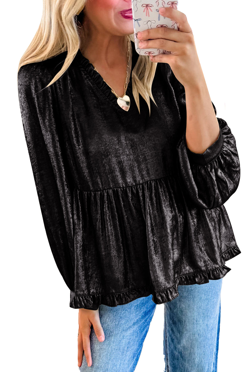 Velvet Frill V Neck Puff Sleeve Babydoll Blouse