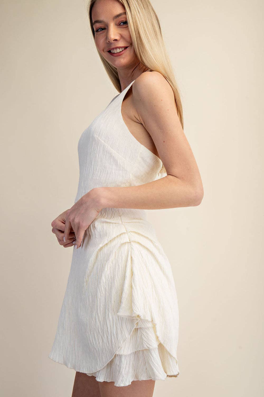 Cascade Midi Dress - Ruched A Line Textured Halter - WHITE