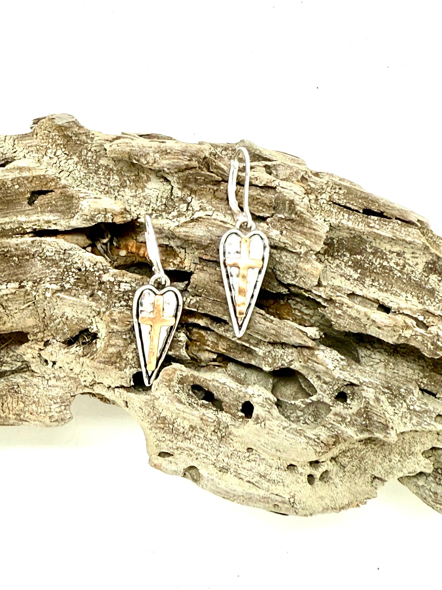 Earring Alloy Plated Heart w/Cross Drop w/Closed Hook