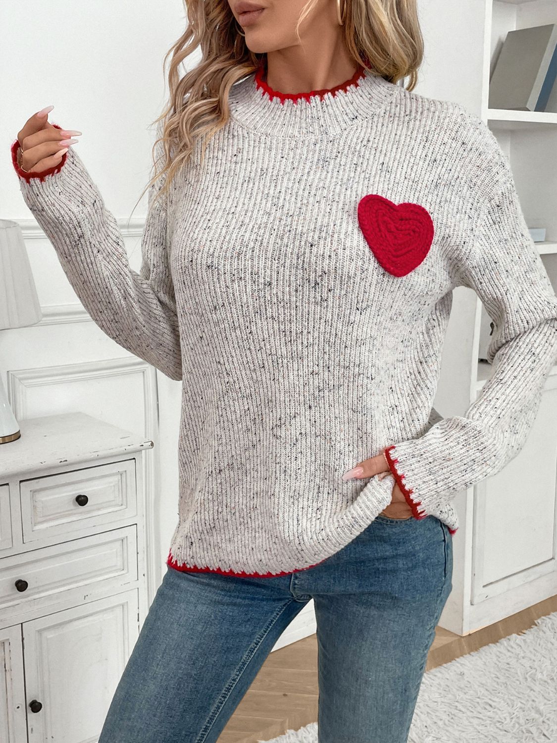 Light Gray Heart Round Neck Long Sleeve Sweater