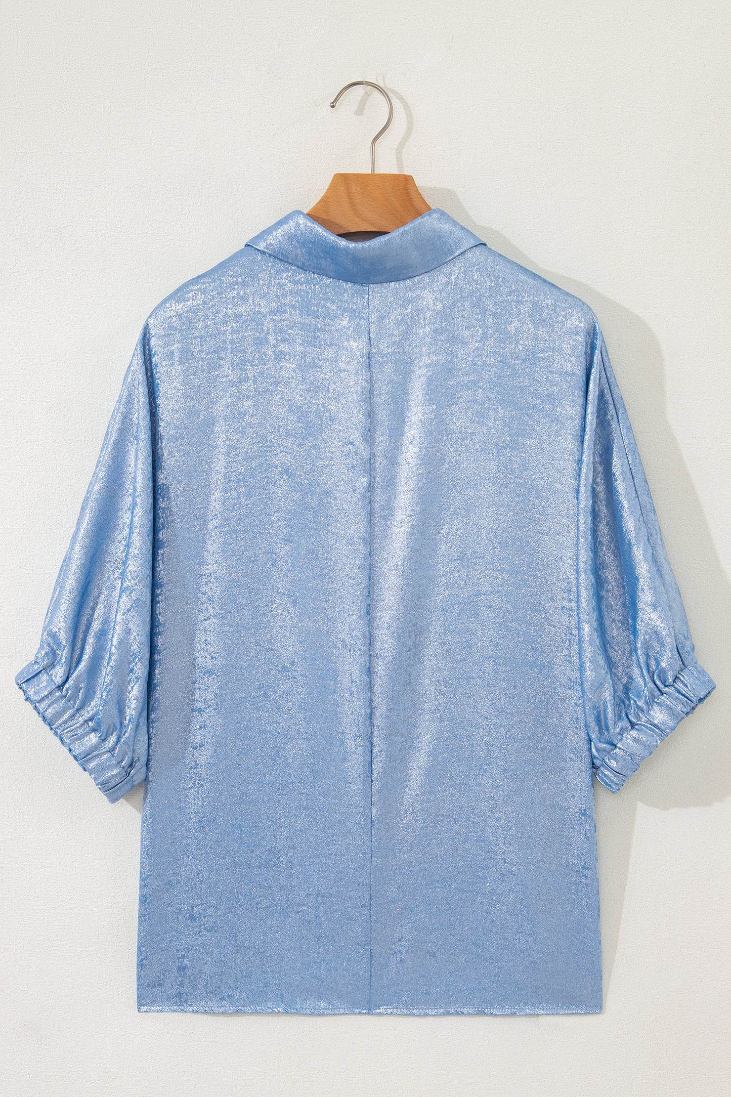 Clearly Aqua Collared V Neck Half Sleeve Metallic Top