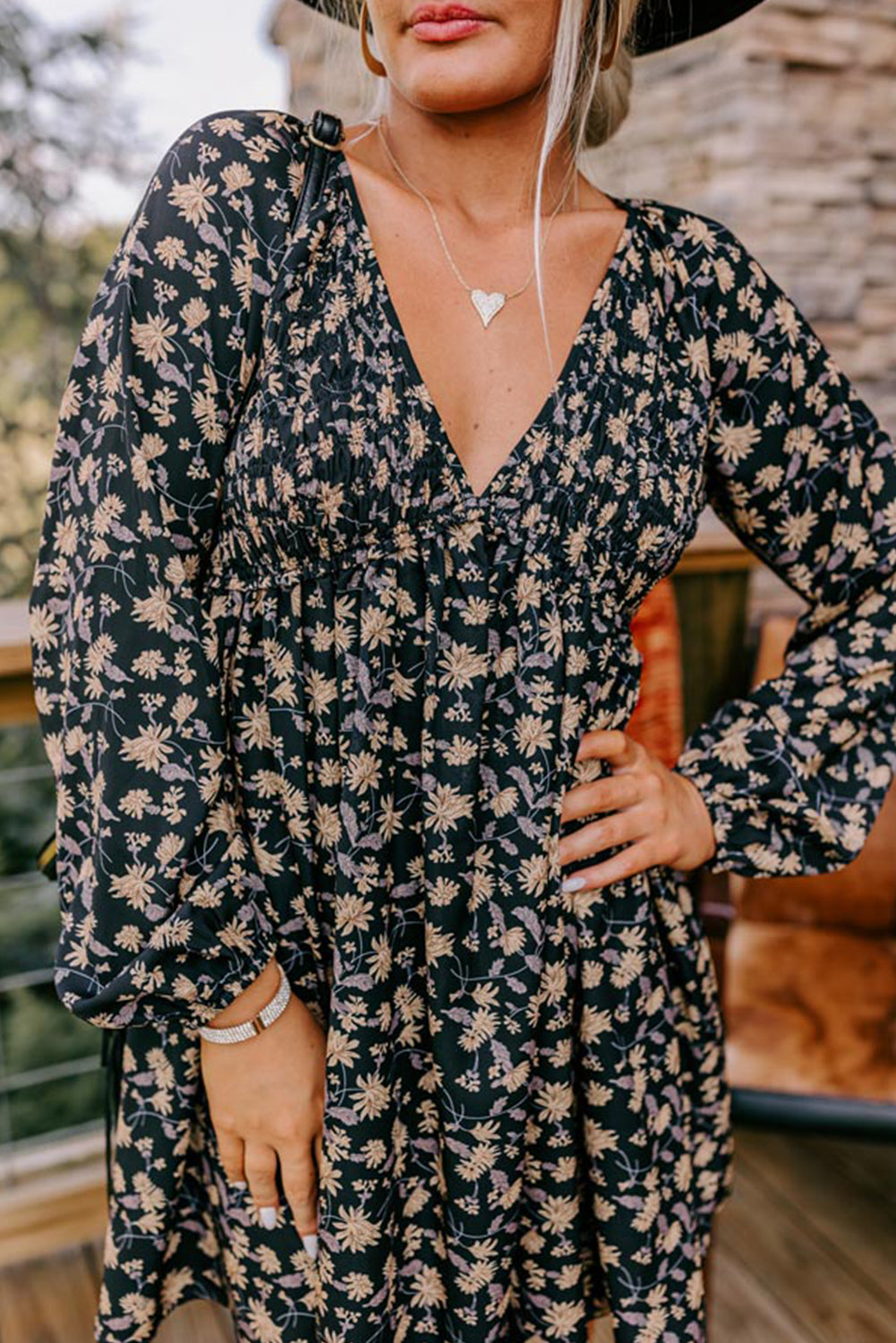 Black Floral Smocked V Neck Bubble Sleeve Babydoll Dress