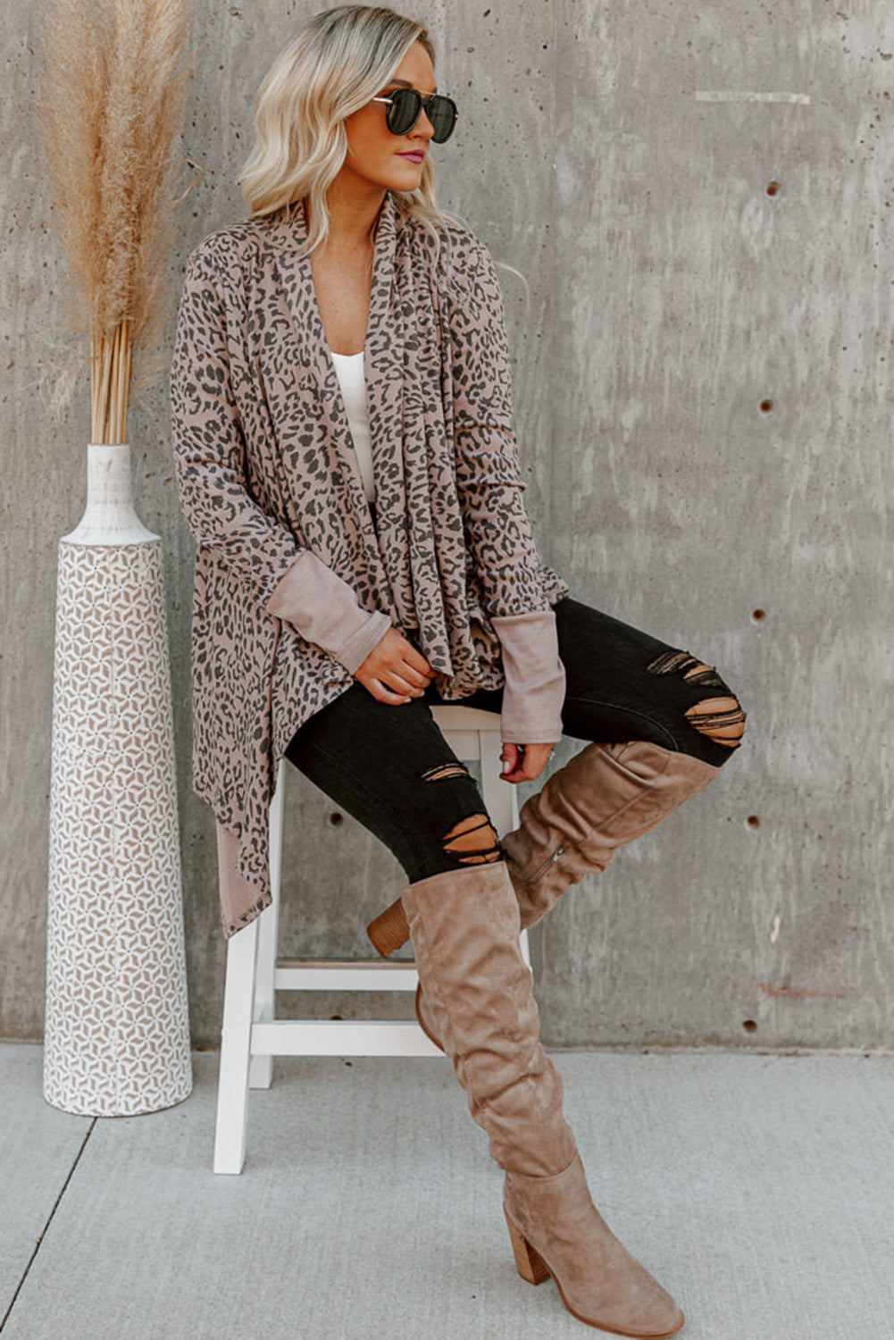 Long Cardigan Cheetah Print Cowl Neck Open Front