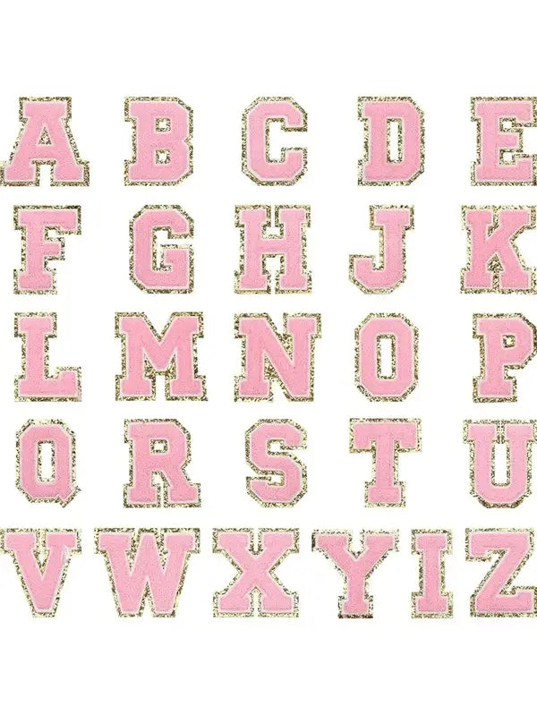 Light Pink Chenille Iron On Gold Glitter Letter Patches