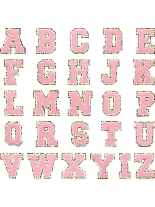Light Pink Chenille Iron On Gold Glitter Letter Patches
