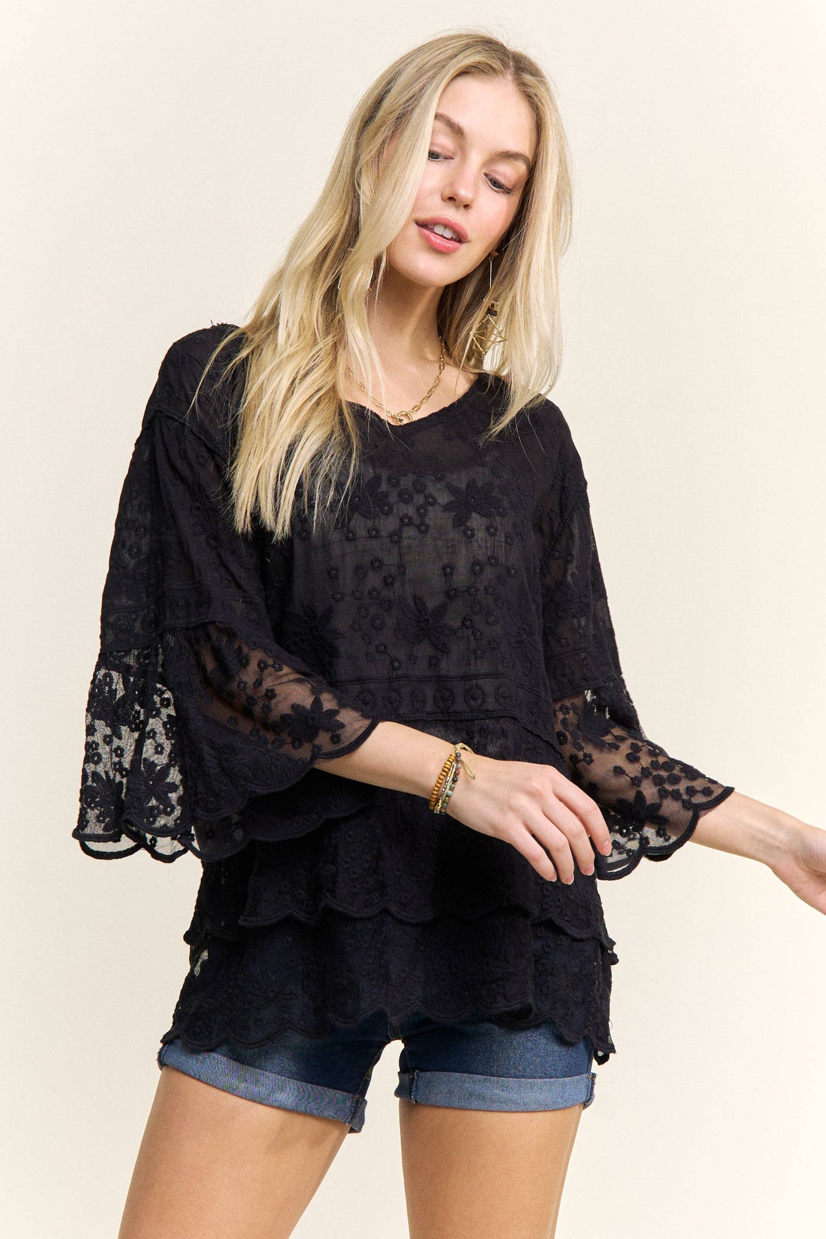 BELL SLEEVES LACE BLOUSE SCALLOP EDGE - CET3907
