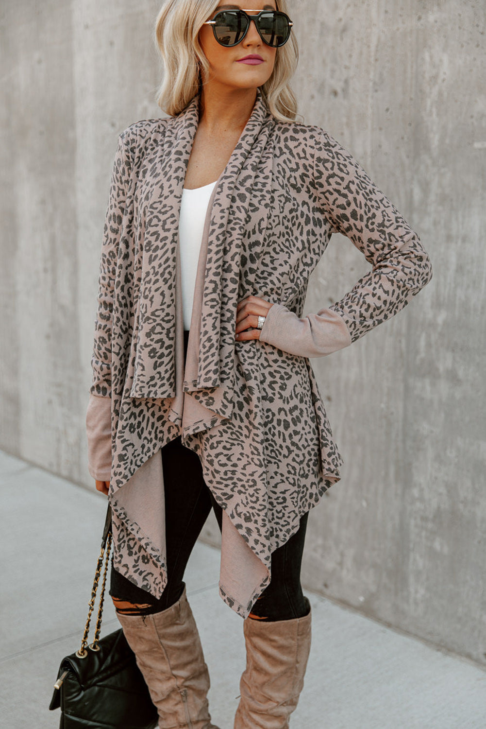 Long Cardigan Cheetah Print Cowl Neck Open Front