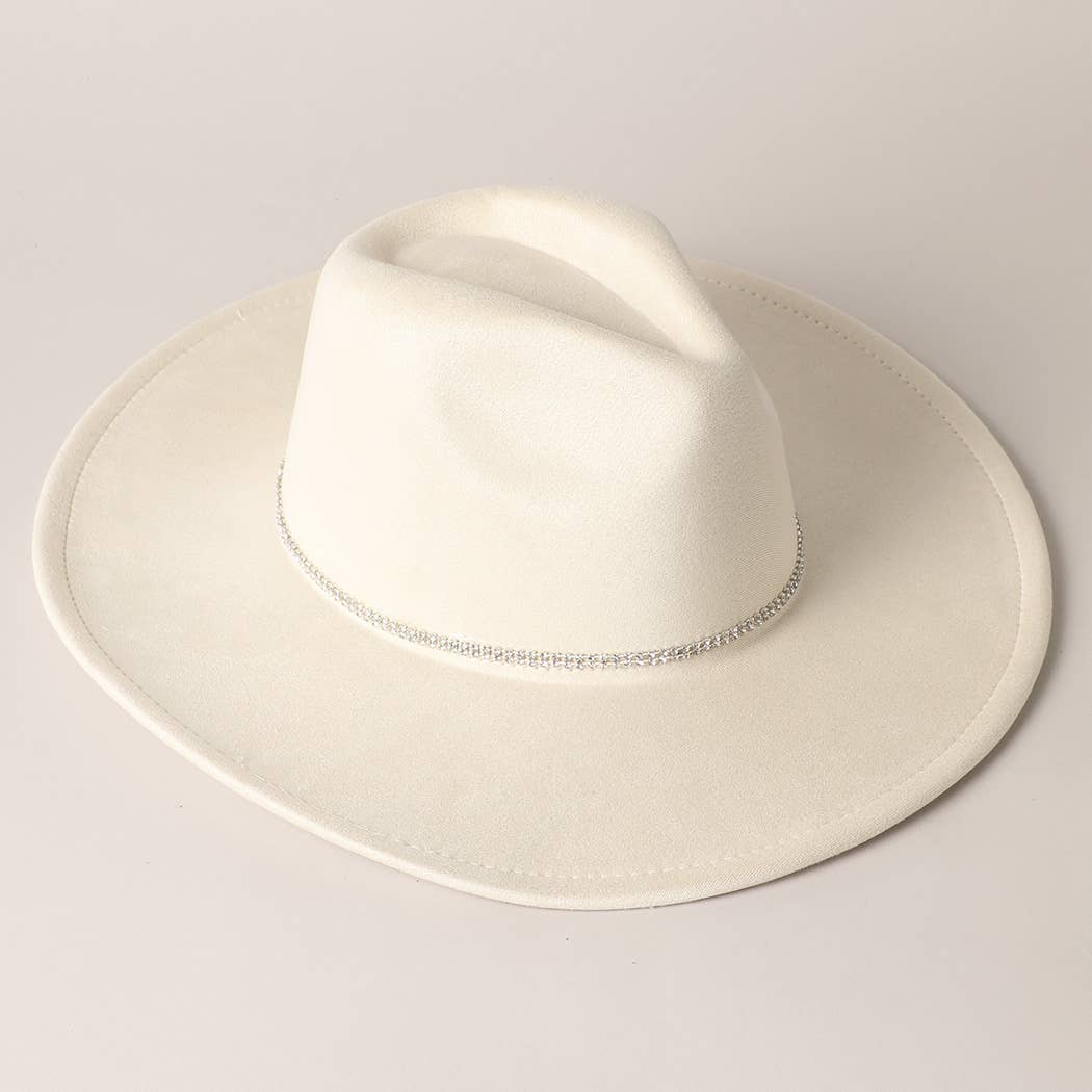 Rhinestone Wide Flat Brim Suede Fedora Hat