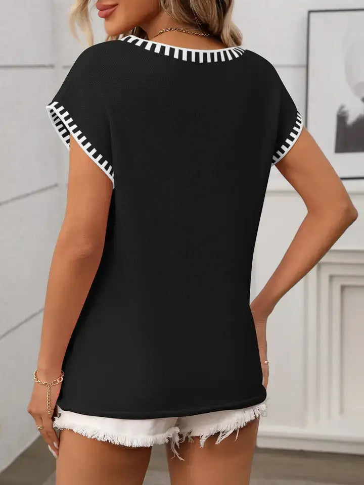 V Neck Cape Sleeve Knit Top Lightweight Summer Sweater
