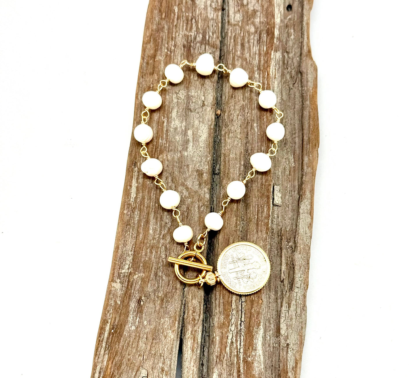 Bracelet Genuine American Dime 90%Silver Freshwater Pearl 7”