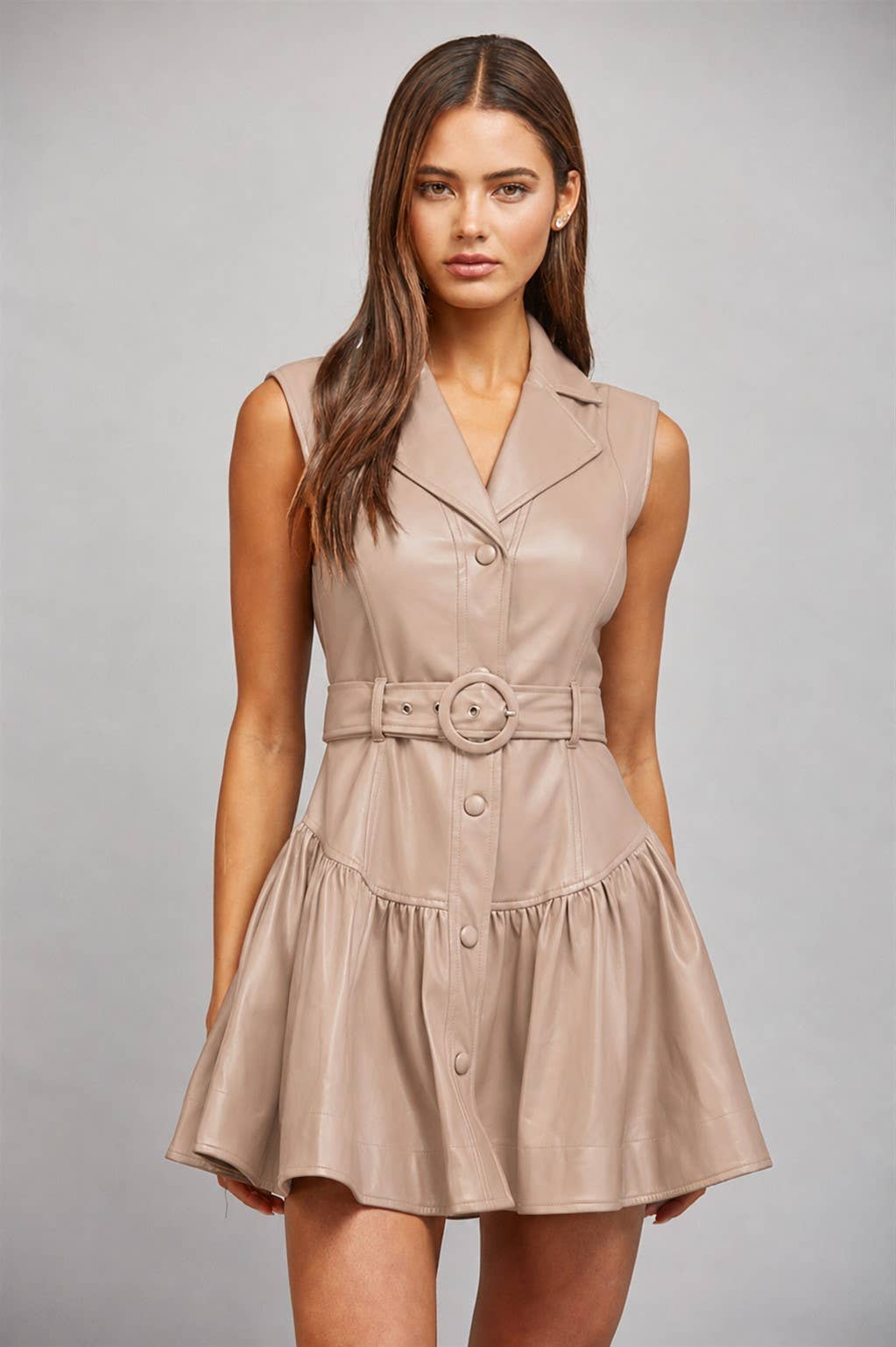 FAUX LEATHER BELTED DROP WAIST DRESS