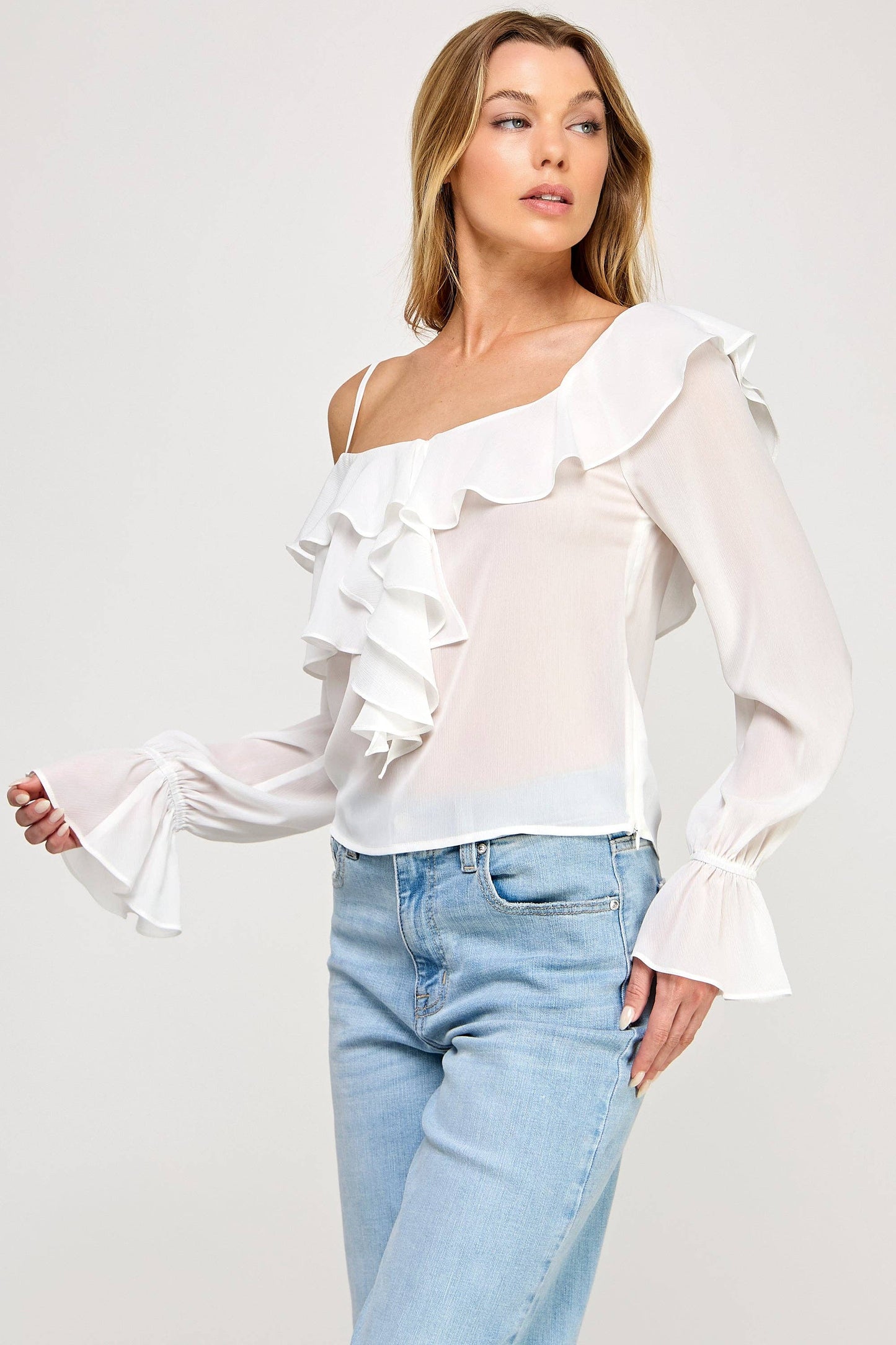 Ava Long Sleeve Top - Off Shoulder Ruffle Sheer