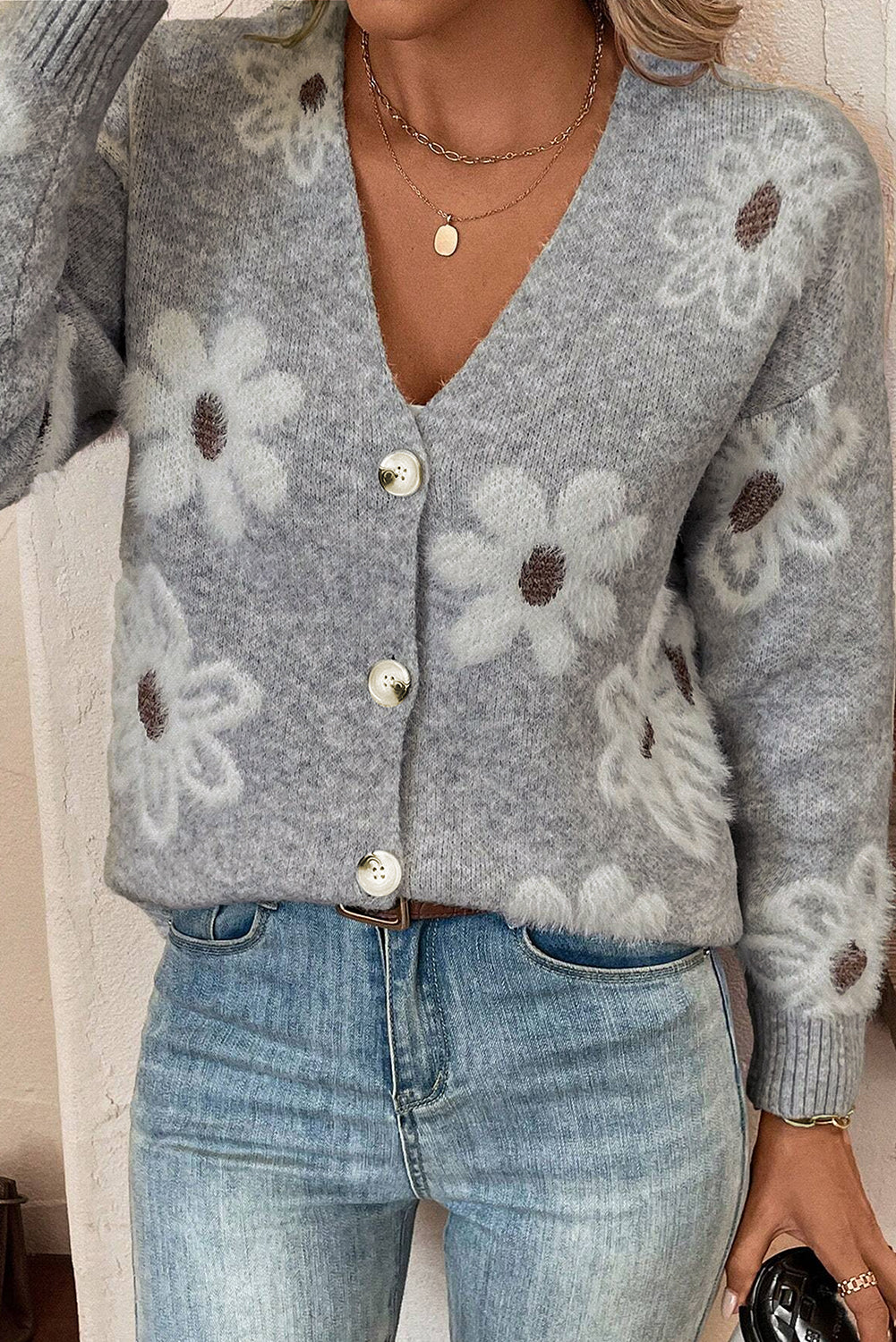 Floral Print V Neck Knitted Button Up Cardigan