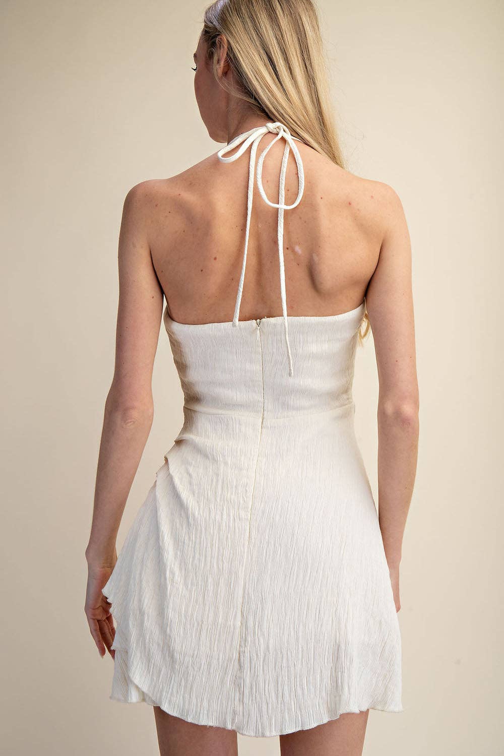 Cascade Midi Dress - Ruched A Line Textured Halter - WHITE