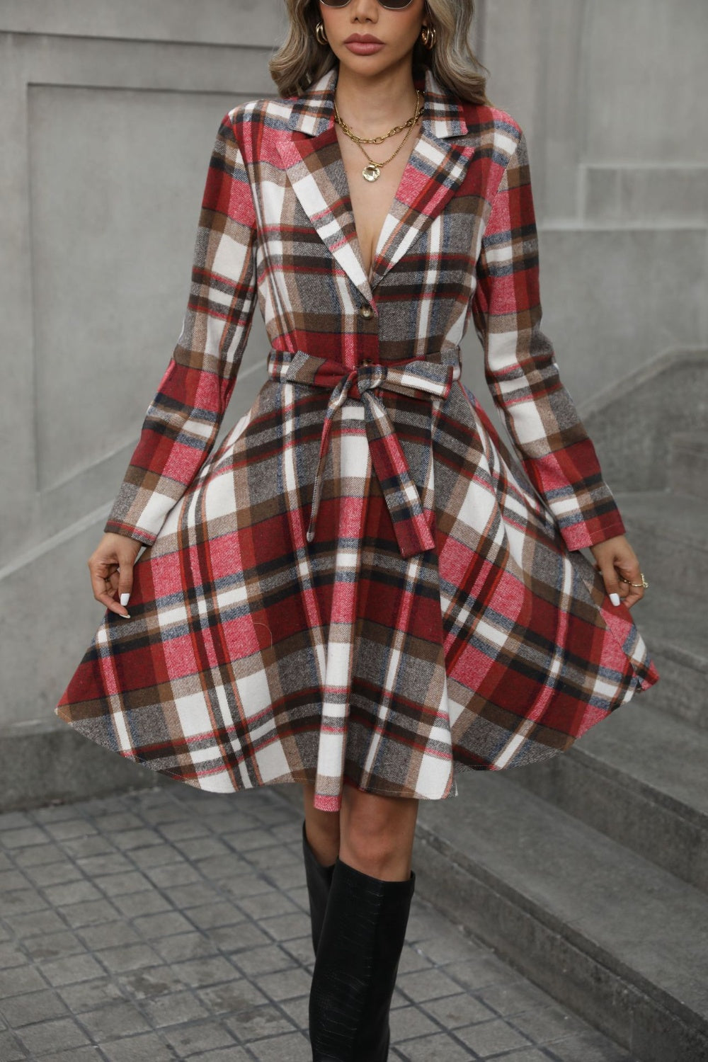 Tie Waist Long Sleeve Plaid Outerwear