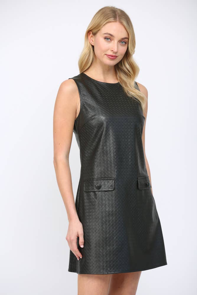 BASKETWEAVE PATTERN FAUX LEATHER SLVL DRESS