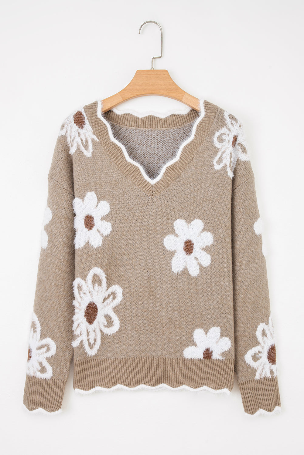 Smoke Gray Jacquard Floral Scallop V-neck Sweater