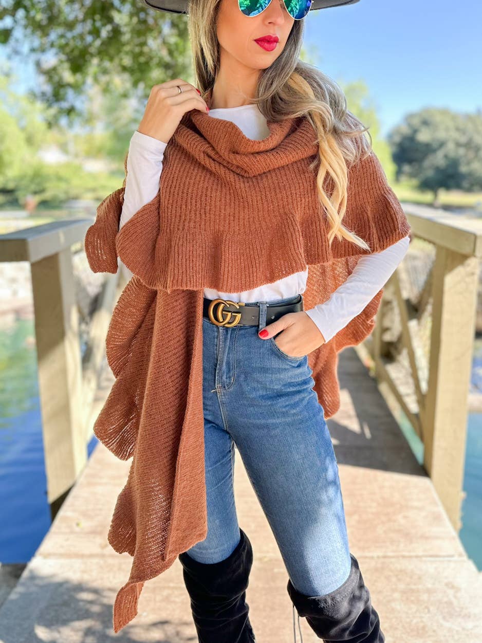 Soft Brown Ruffle Detail Open Front Lightweight Ruana Shawl