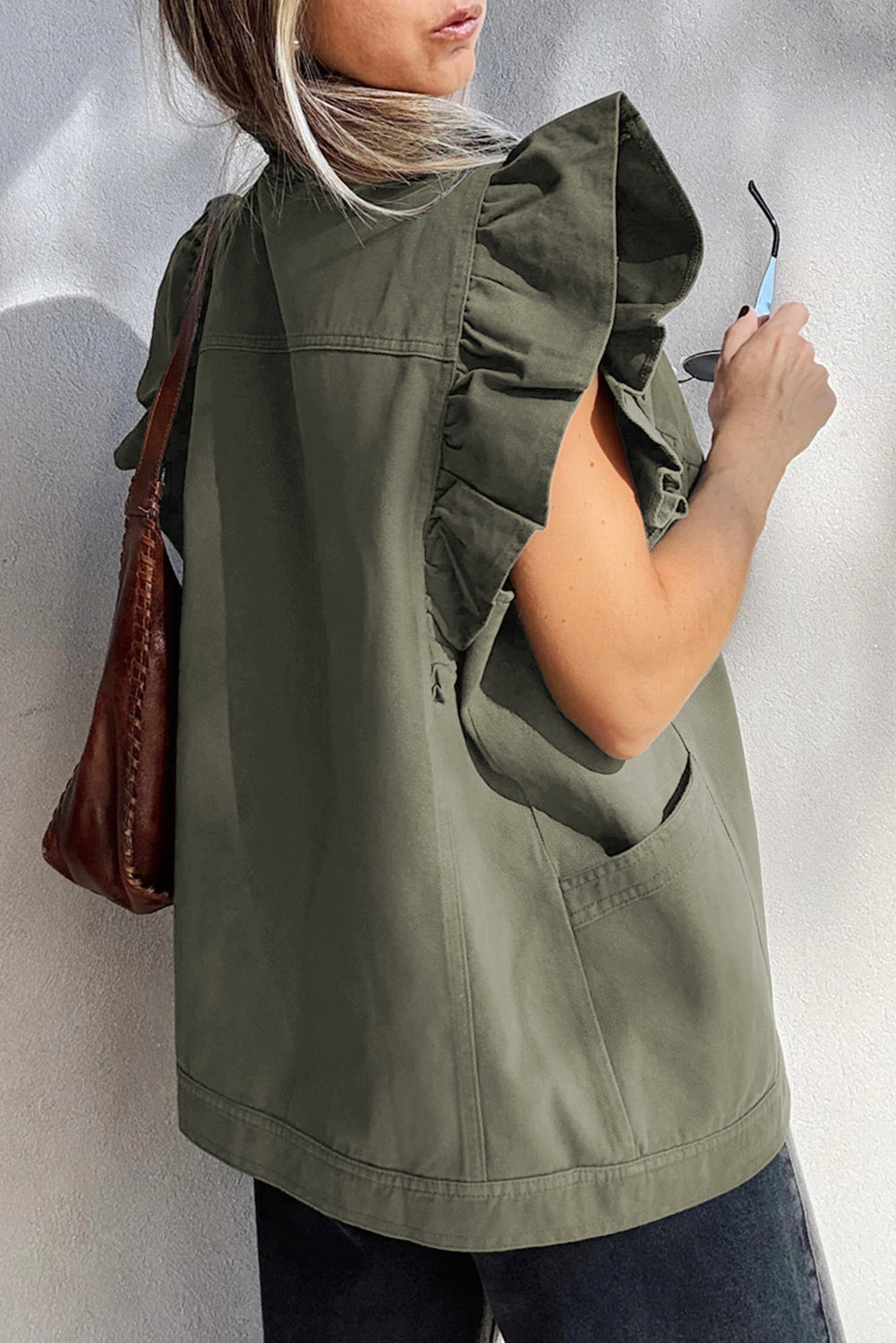 Pale Khaki Ruffle Plain Denim Jacket Vest
