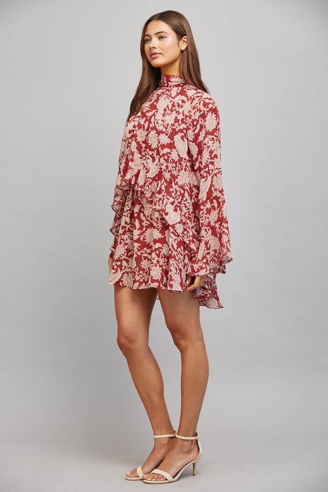 FLORAL PRINT WITH TIE BACK DETAIL RUFFLED PANEL FLOWY DRESS