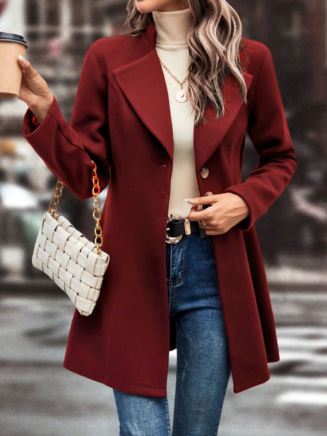 Collared Neck Button Up Long Sleeve Coat