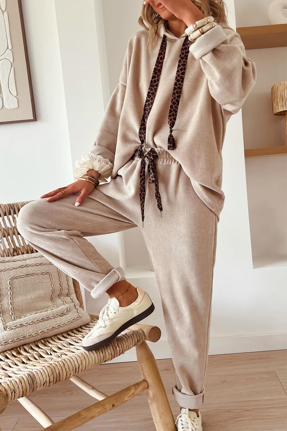 Smoke Gray Drawstring Pullover Hoodie and High Waist Pants Corduroy Suit