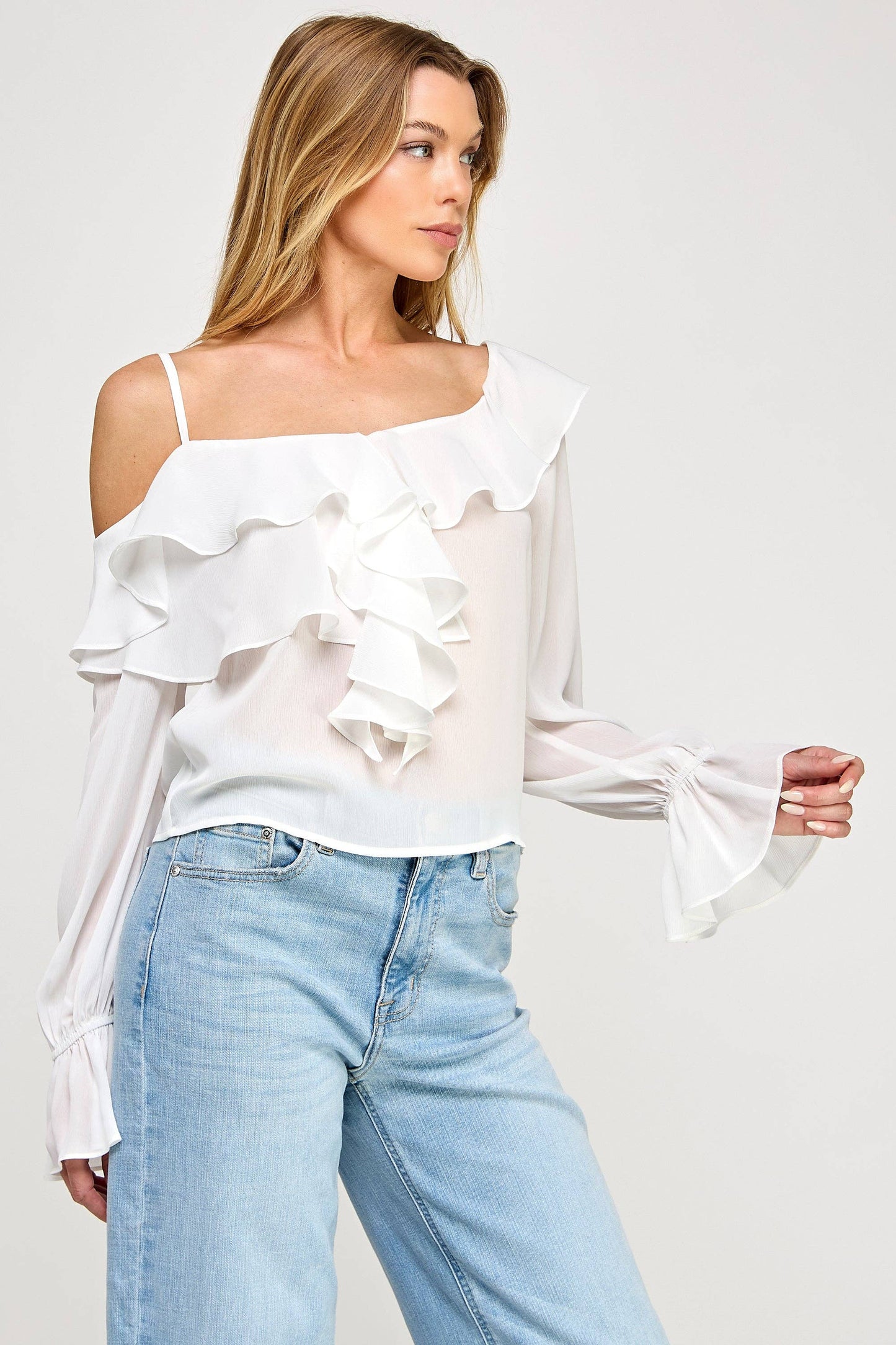 Ava Long Sleeve Top - Off Shoulder Ruffle Sheer