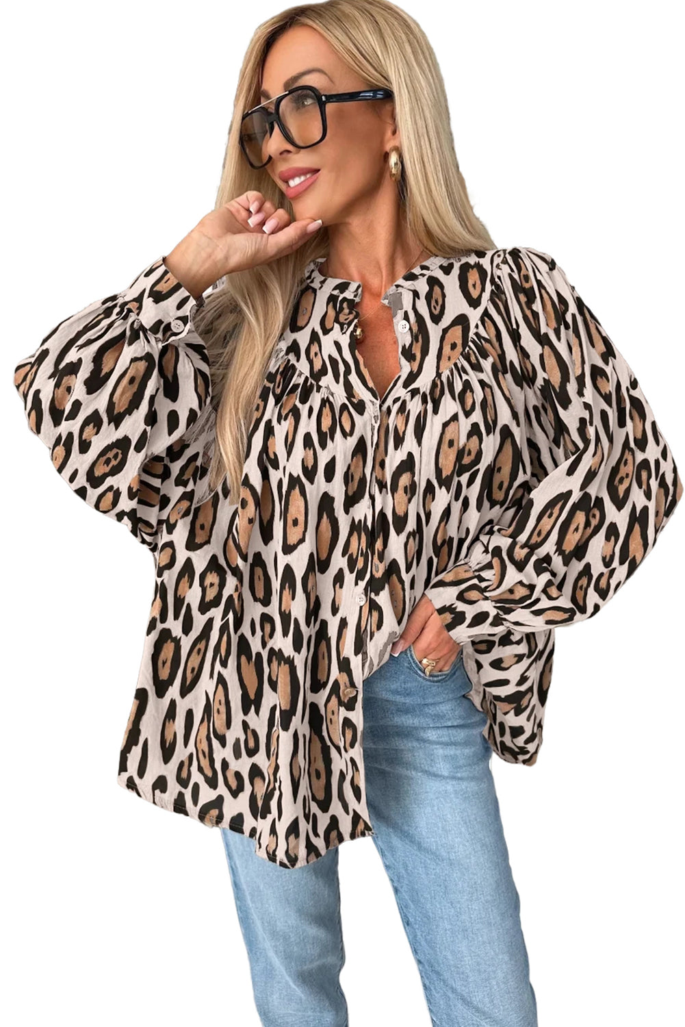 Jet Stream Leopard Print Balloon Sleeve Loose Blouse