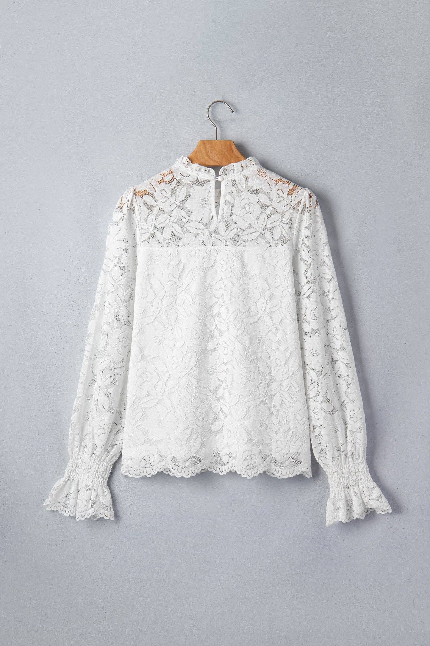 White Ruffled Round Neck Long Flounce Sleeve Sheer Lace Blouse