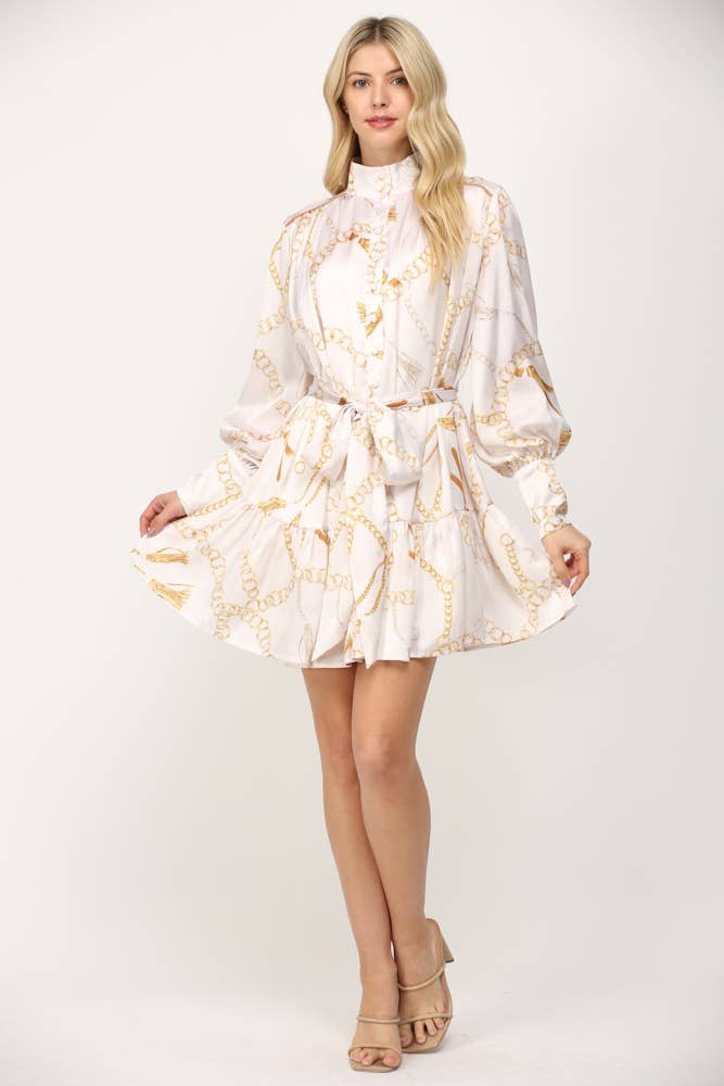 CHAIN PRINT SATIN STAND COLLAR TIE WAIST DRESS FD30321