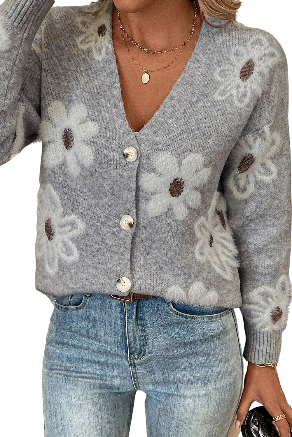 Floral Print V Neck Knitted Button Up Cardigan