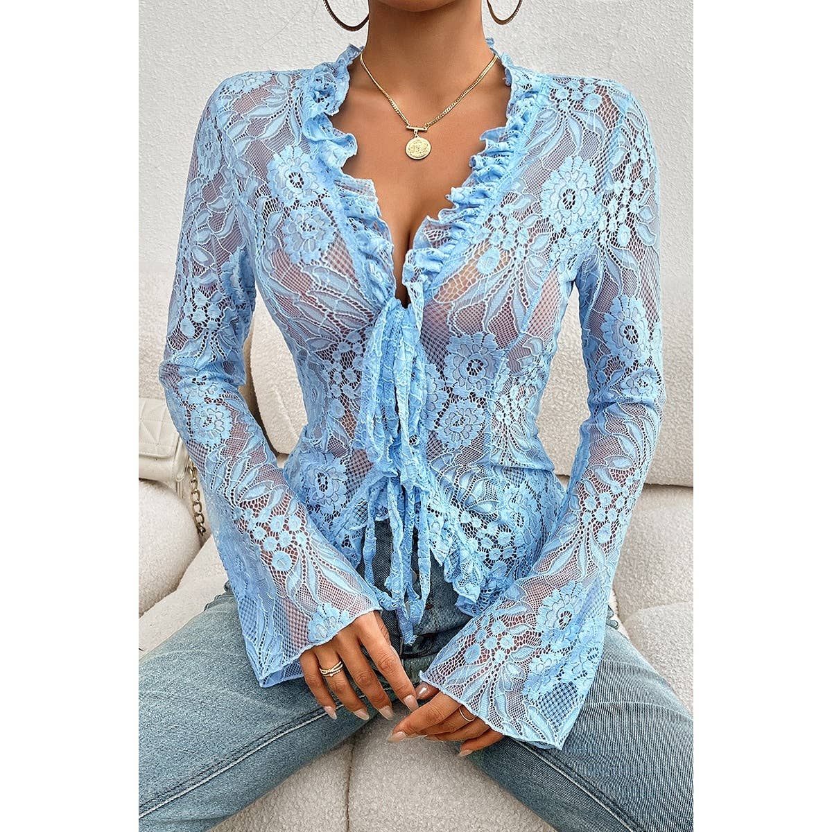 Hollow Out Lace Solid Knot Wrap Ruffle Hem Top