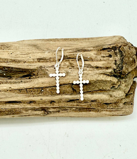 Earring Alloy Plated Pearl Glass Cross Drop w/Silver Hook