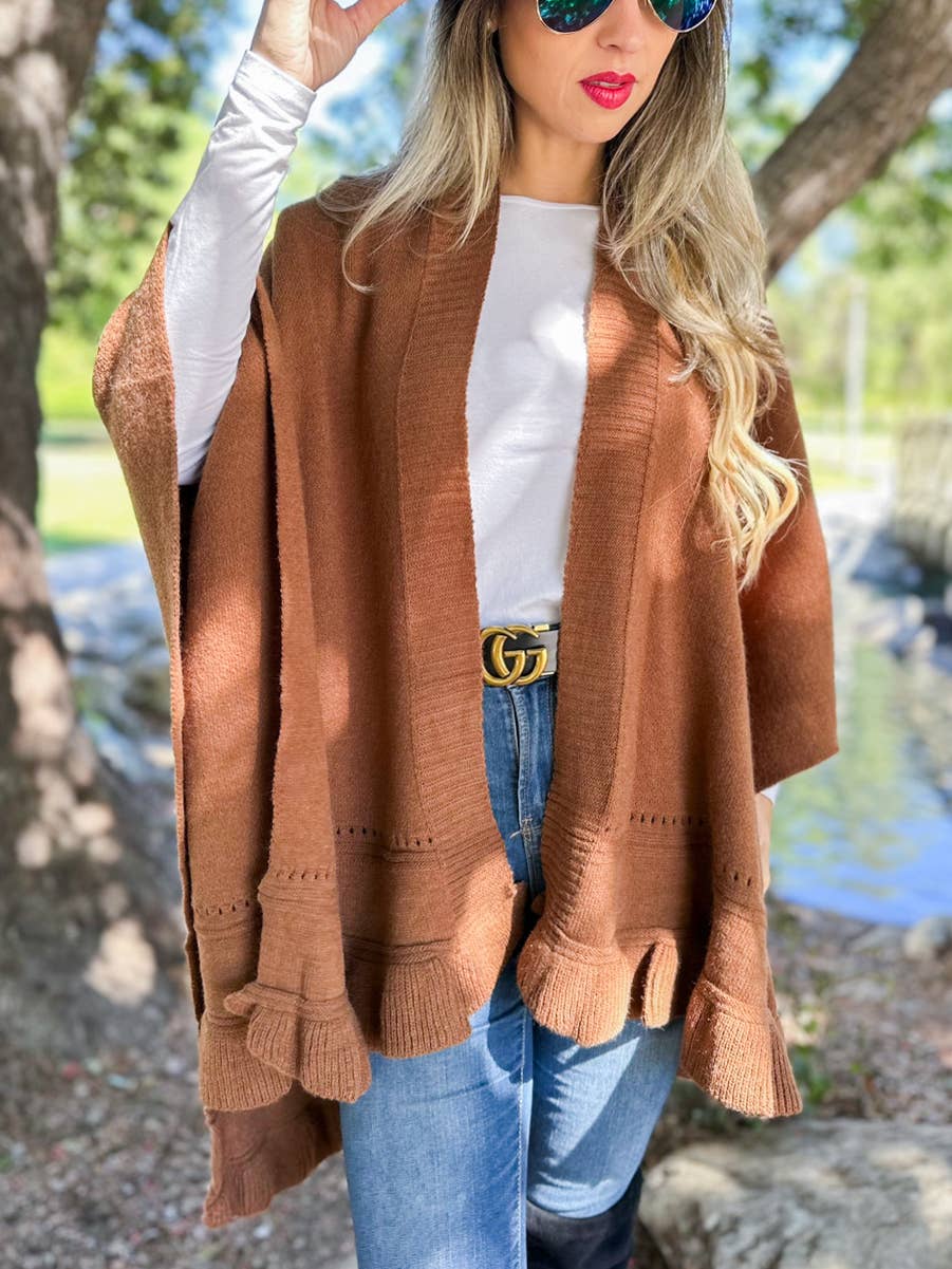 Elegant Brown Ruffled Knit Cape Shawl Ruana