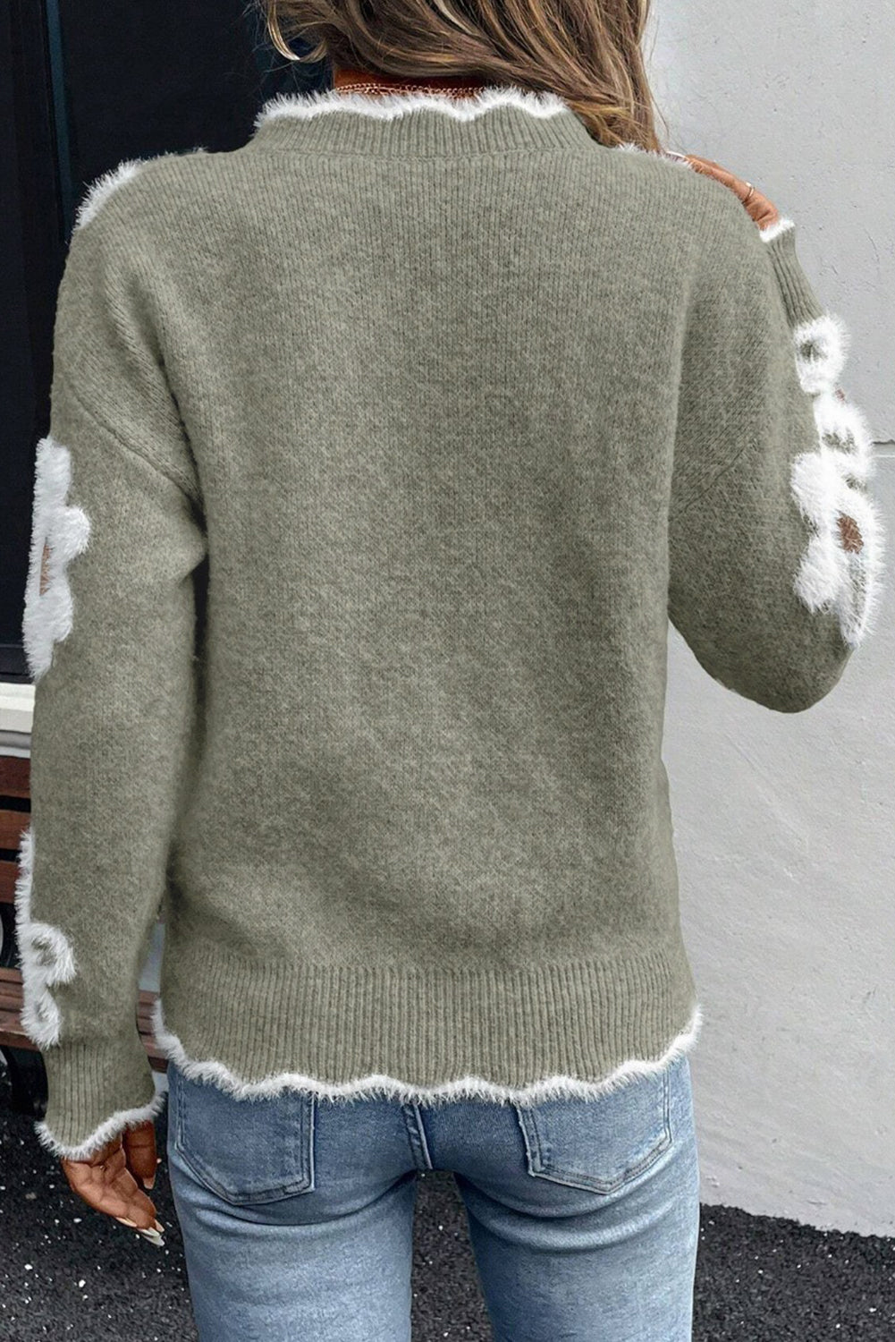 Smoke Gray Jacquard Floral Scallop V-neck Sweater