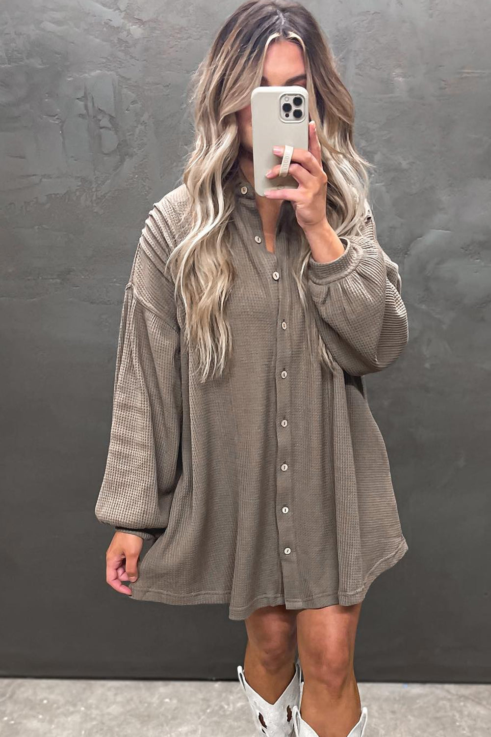 Simply Taupe Waffle Knit Shirt Tunic Mini Dress
