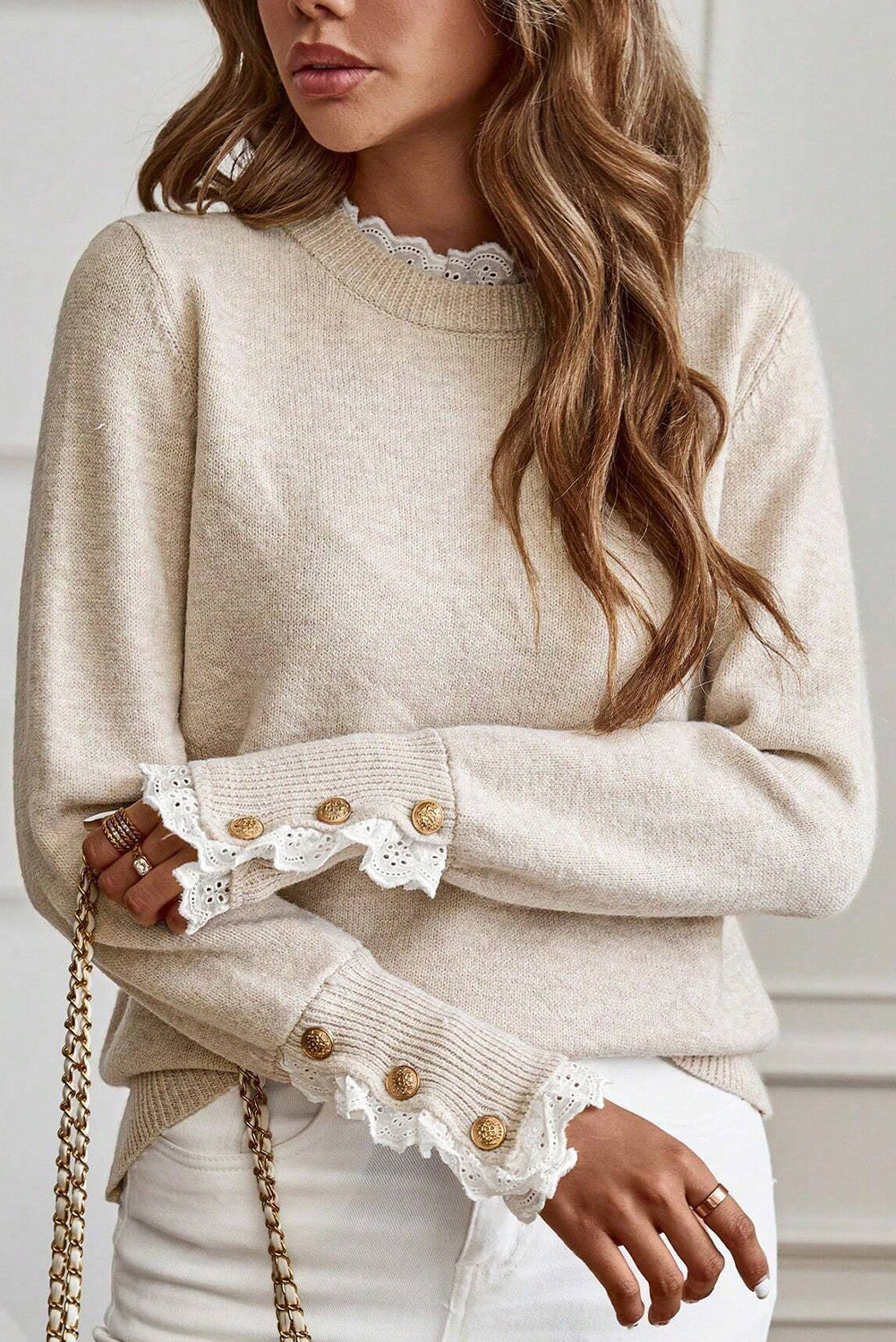 Sleet Lace Trim Patchwork Buttoned Cuffs Loose Sweater