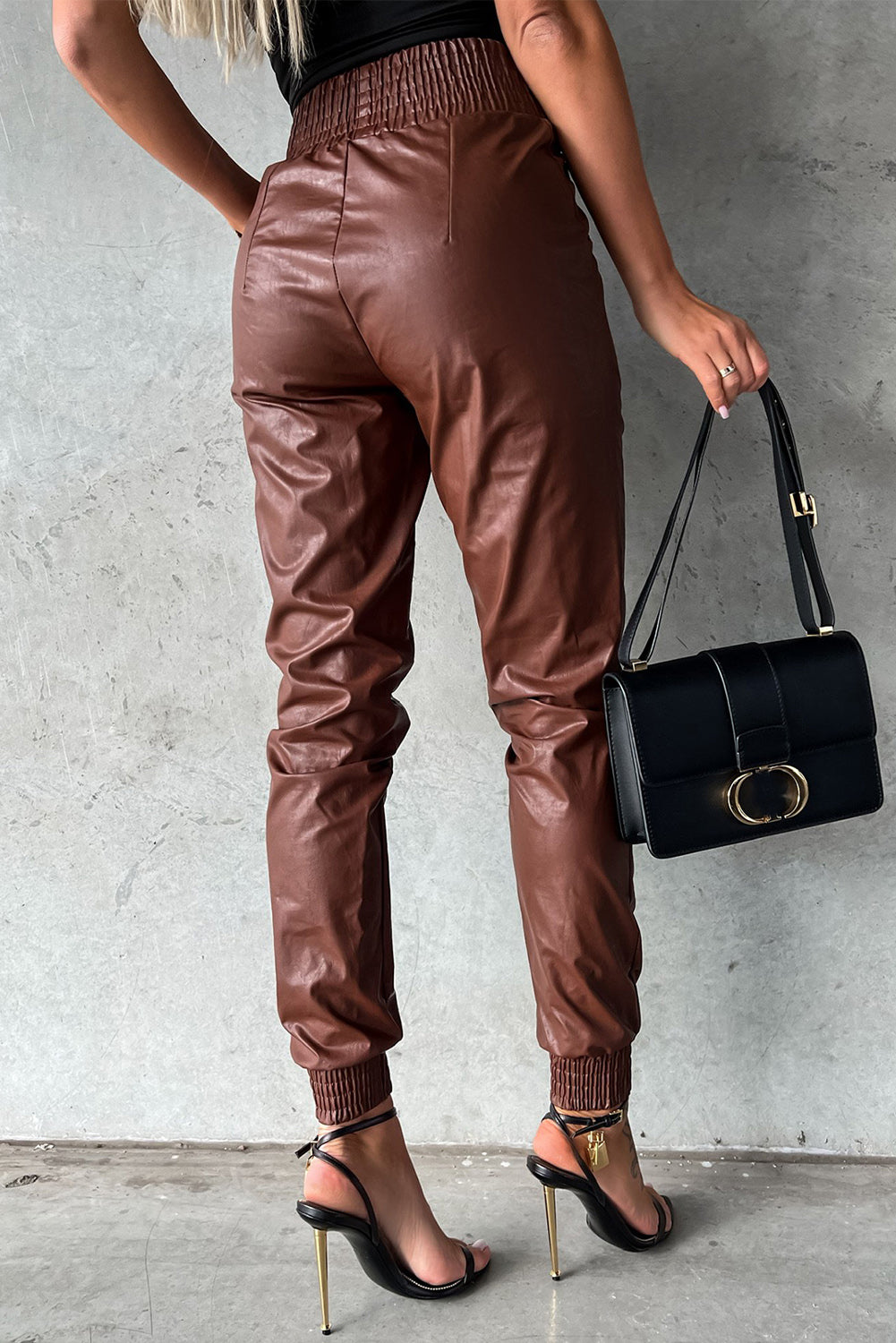 Smocked High Waist Leather Skinny Pants