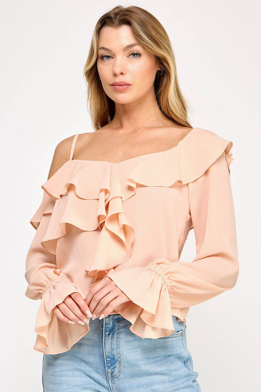 Ava Long Sleeve Top - Off Shoulder Ruffle Sheer