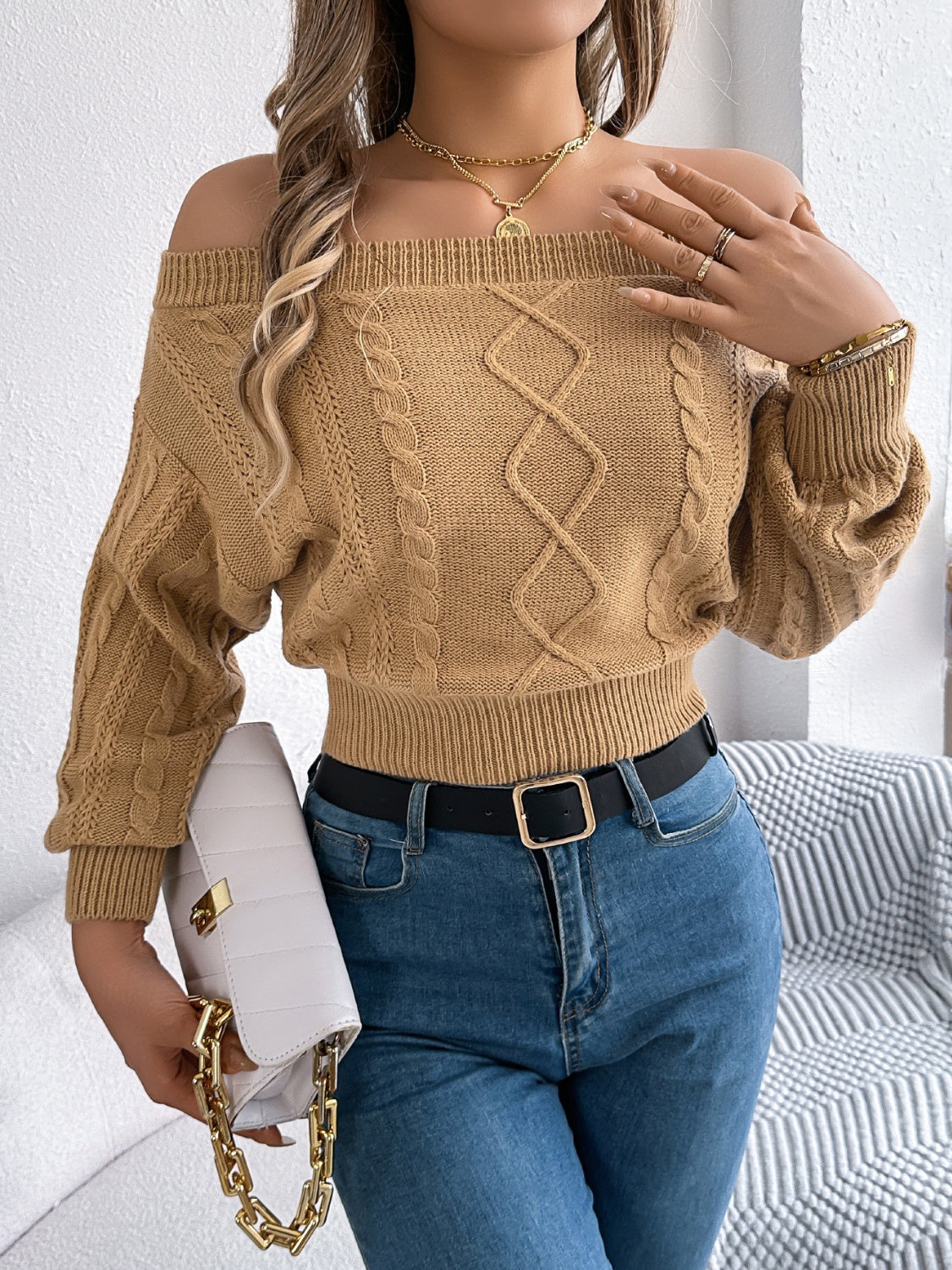 Knit Off-Shoulder Long Sleeve Sweater