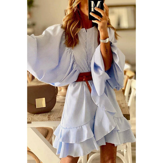 Strip Ruffle Hem Bat Sleeves Button Dress