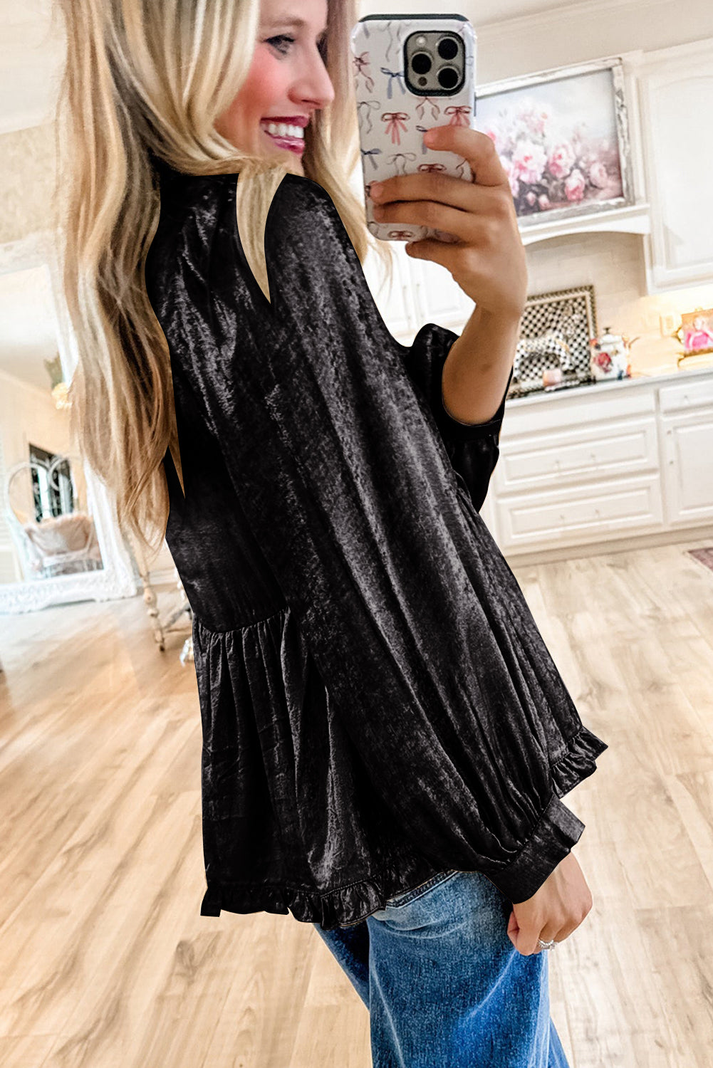 Velvet Frill V Neck Puff Sleeve Babydoll Blouse