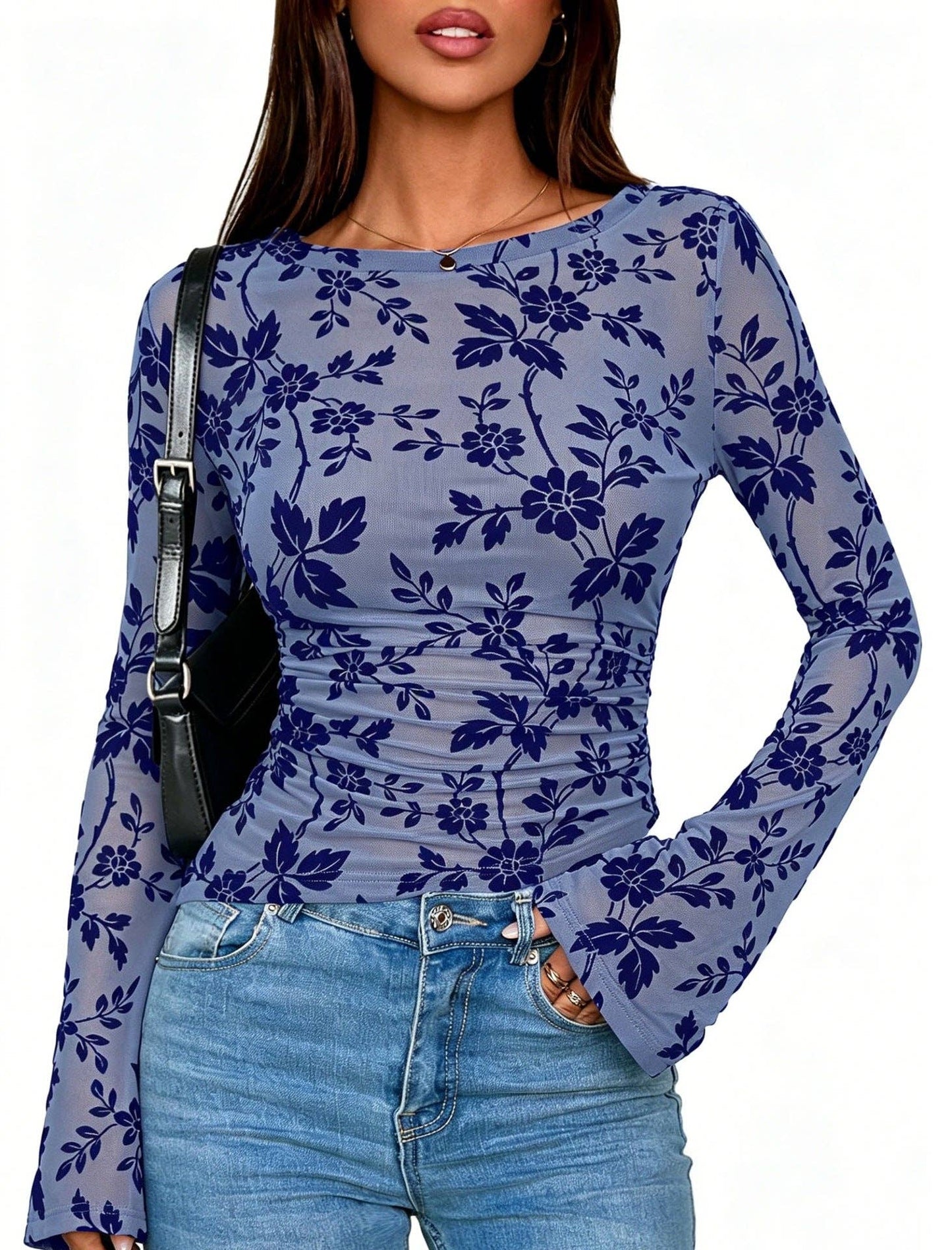Floral Mesh Top Boutique Bell Sleeve Ruched Fitted Blouse